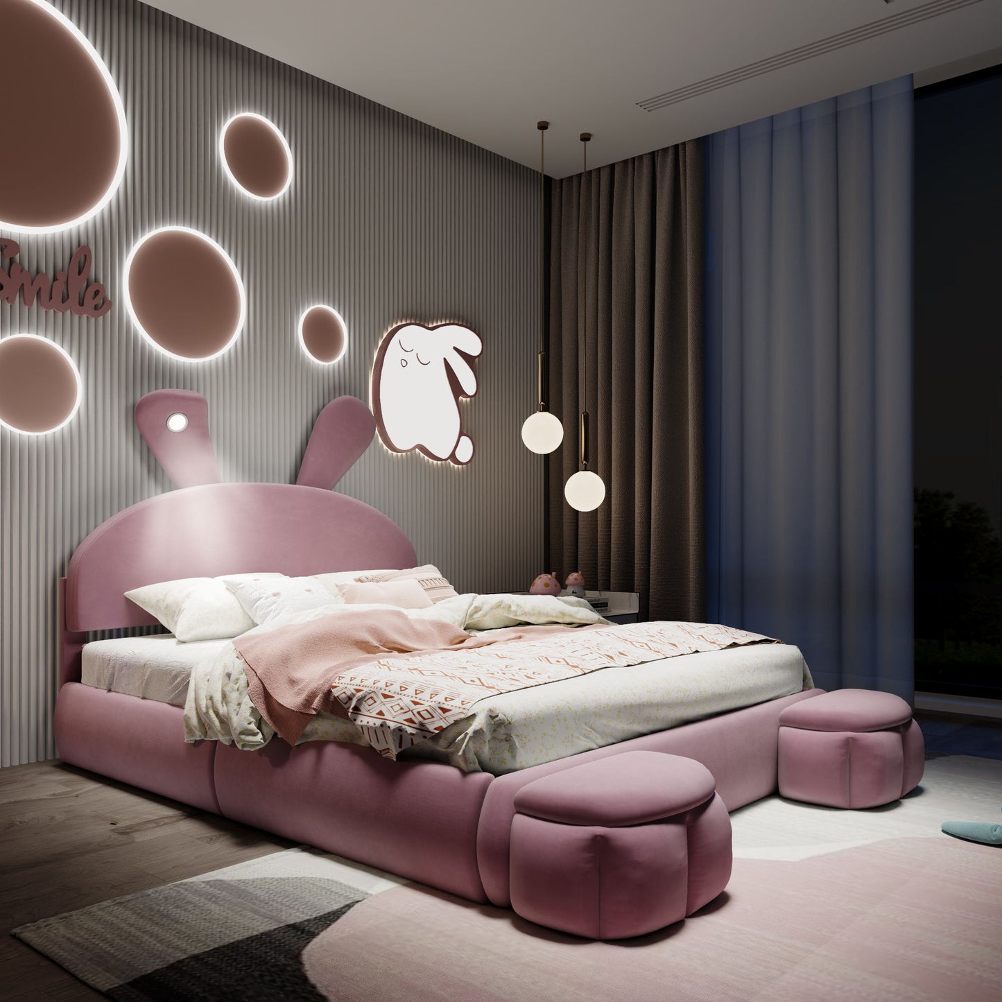 Upholstered Platform Bed With Cartoon Ears Shaped Headboard And LED Light