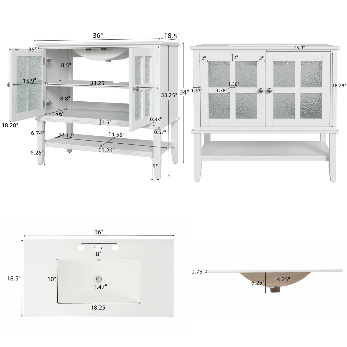 Bathroom Vanity With Ceramic Sink, Adjustable & Open Shelf