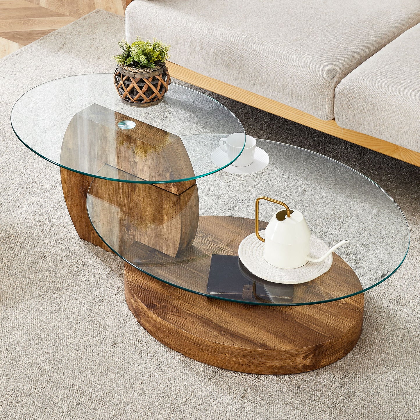 Modern Natural Wood Grain Double Layer Coffee Table Versatile Design - Natural Wood / Transparent