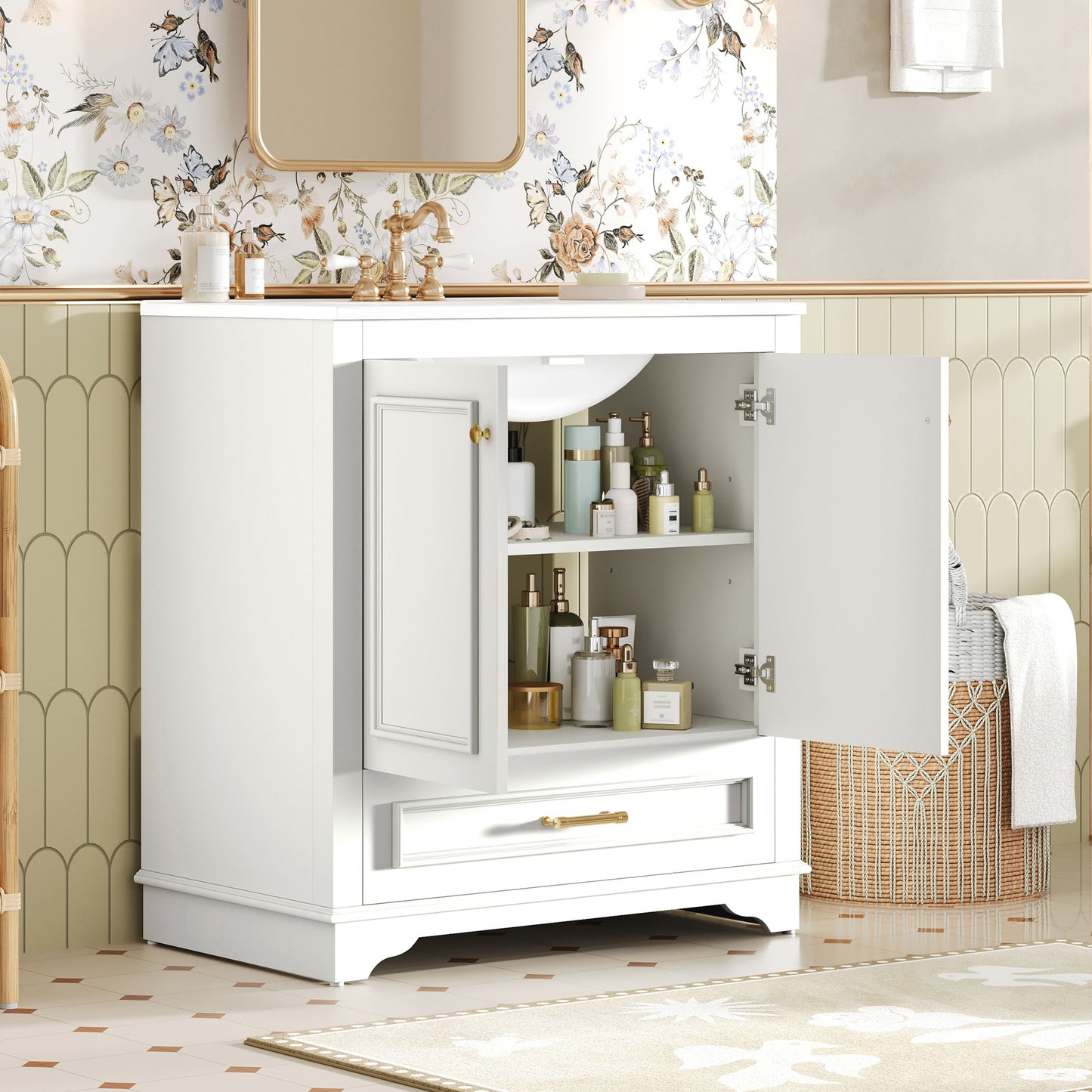 Bathroom Vanity With Sink, Cabinet & 2 Soft Closing Doors & Adjustable Shelf