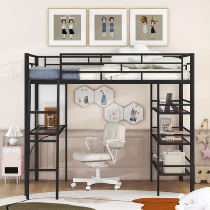 Bed With 3 Layers Of Shelves And Desk, Stylish Frame Bed