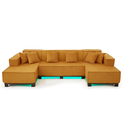 U-Shaped Sectional Sofa With RGB LED Light Strip And 6 Pillows