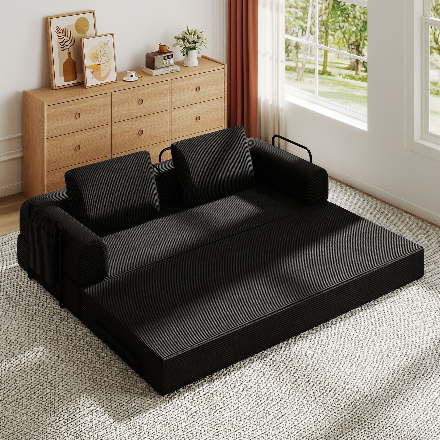 Convertible Sleeper Sofa Bed With Cylindrical Pillow, Fixed Shape Frame