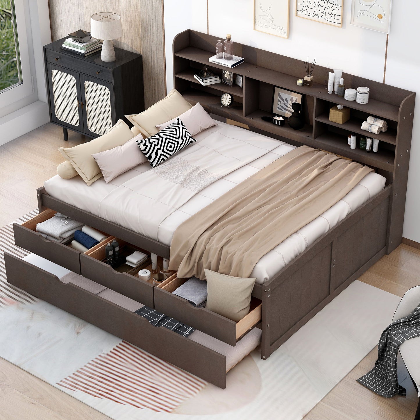Captain Bed With Built In Bookshelves, 3 Storage Drawers, And Trundle