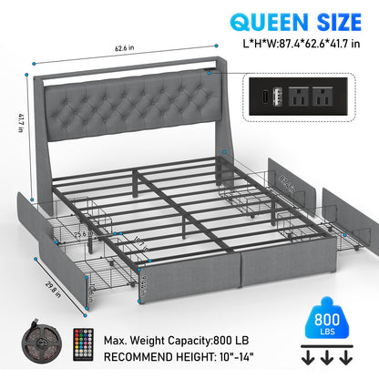 Queen Platform Bed Frame With RGB LED & Charging Station, Storage Headboard - Gray