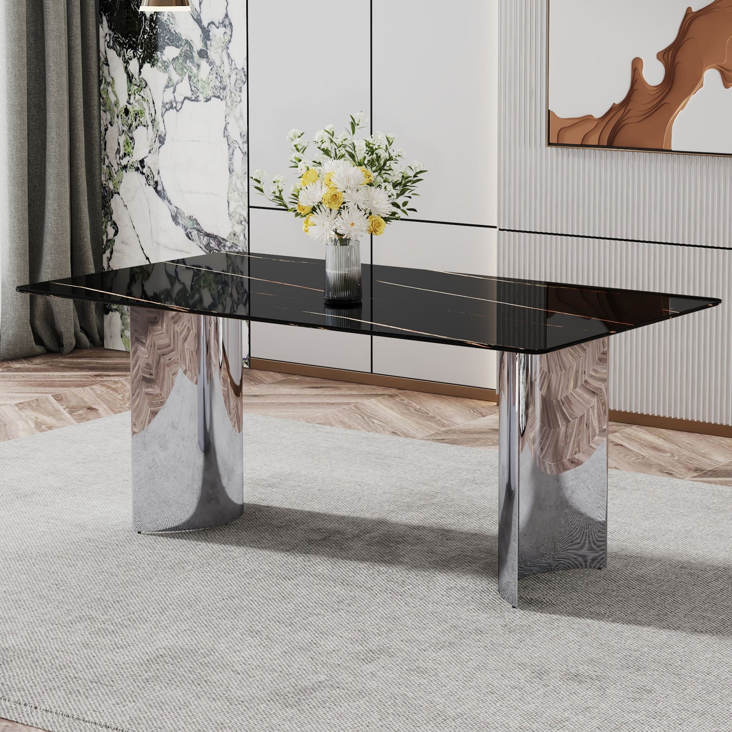 Modern Minimalist Dining Table With Marble Glass Top