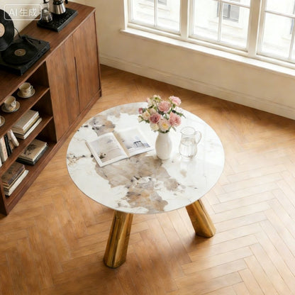 Marble Grained Stone Round Table Three - Legged Round Table With Stainless Steel Plated Legs Natural Healthy And Environmentally Friendly Round Table