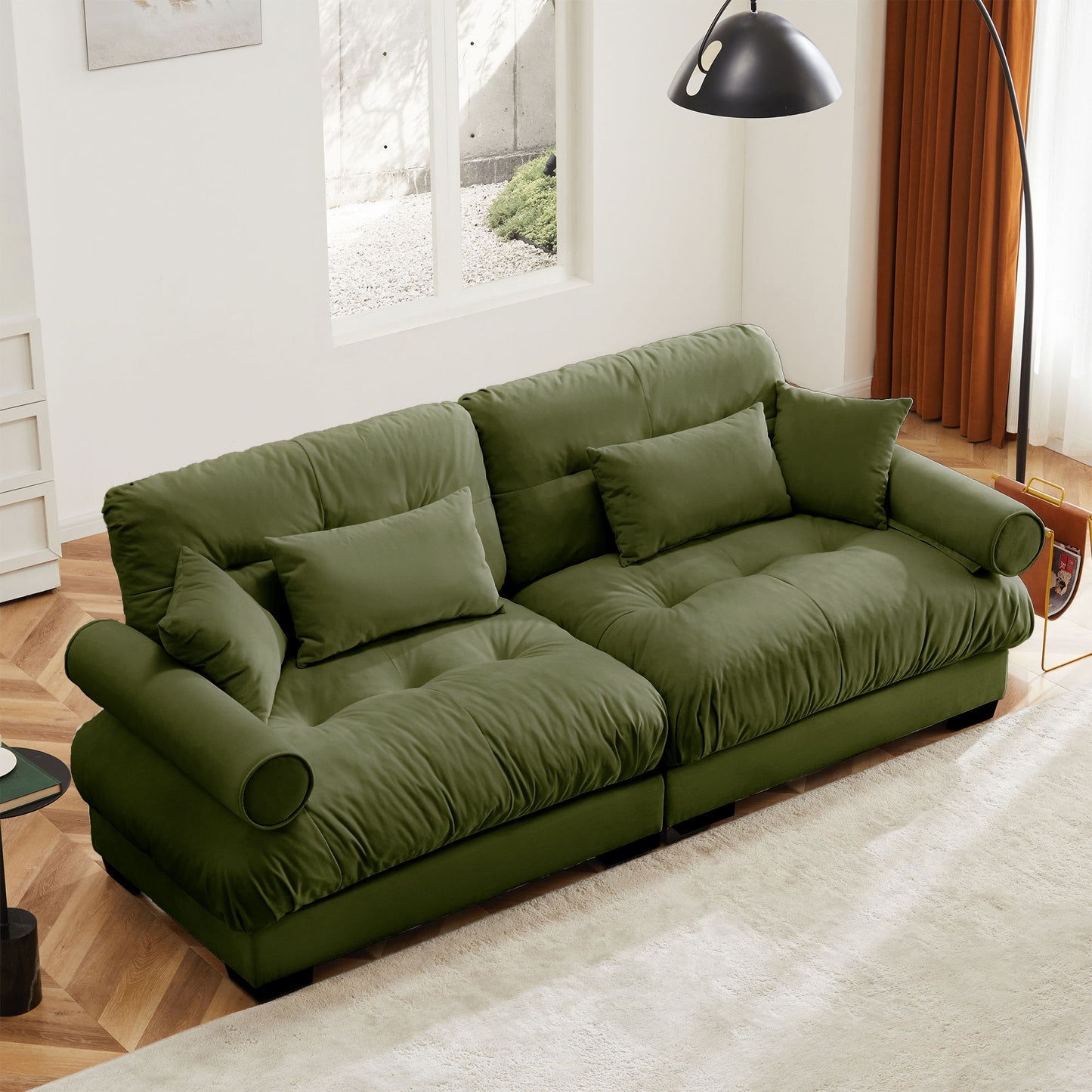 Modern Sofa With Bolstered Armrests And Pillows